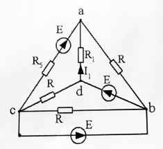 E = 100 В <br />R1 = R5 = 10 Ом <br />R = 10 Ом <br />Найти методом узловых потенциалов ток I1