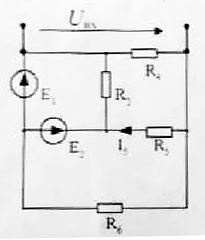 <b>Расчет цепей постоянного тока</b> <br />При разомкнутых входных зажимах определить: Rвх, I5 <br />Дано: <br />E1 = 130 В, E2 = 90 В <br />R4=R5 = 1 Ом <br />R2 = 2 Ом <br />R6 = 2 Ом