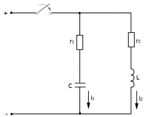 r1=r2=10 Ом; <br />L=0,1 Гн; <br />U=100 В; <br /> Определить емкость С таким образом, чтобы в цепи проходил критический переходный процесс, записать закон изменения токов i1 и i2 и общего тока источника