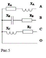 <b>Расчет трехфазных цепей Вариант 5 (В других источниках Вариант 7) </b><br />Uл = 127 В, <br />RА = 14 Ом, RВ = 28 Ом, RС = 26 Ом, <br />XA = 25 Ом, XB = 14 Ом, XC = 11 Ом. <br />Определить: фазные и линейные токи, ток в нейтральном проводе, активную, реактивную и полную мощность всей цепи. Начертить в масштабе векторную диаграмму цепи, из которой определить ток в нейтральном проводе