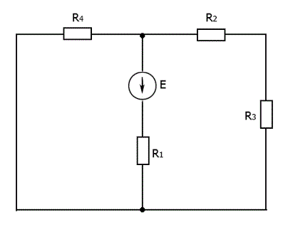 <b>Задача №2   </b><br />Методом свертывания определить токи в цепи <br />Дано:  <br />E = 48 В <br />R1 = 3 Ом <br />R2 = 17 Ом <br />R3 = 19 Ом <br />R4 = 12 Ом