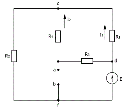 <b>Задача №3</b><br />Методом активного двухполюсника определить ток, протекающий через R3   <br />Дано: <br />E = 24 В <br />R1 = 12 Ом <br />R2 = 4 Ом <br />R3 = 9 Ом <br />R4 = 15 Ом