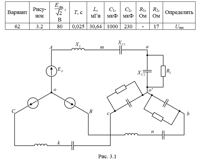 На рис.3.1 приведена схема трехфазной цепи. В ней имеется трехфазный генератор (создающий трехфазную симметрическую синусоидальную систему э.д.с.) и симметричная нагрузка. Значения амплитуды э.д.с. фазы ге-нератора ЕAm, периода Т, параметров R1, R2, L, C1 и С2 приведены  в  табл. 3.1. Начальную фазу  э.д.с. eA принять нулевой. Требуется: определить мгновенное значение напряжения между заданными точками и подсчитать активную мощность трехфазной системы.<br /> <b>Вариант 62</b>