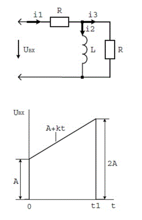 <b>Расчет переходных процессов с использованием интеграла Дюамеля </b><br /> На входе электрической схемы действует напряжение, изменяющееся по заданному закону. В соответствии с номером варианта необходимо с помощью интеграла Дюамеля найти закон изменения во времени тока в одной из ветвей  схемы или напряжения на заданном участке схемы. <br />Необходимо записать аналитическое выражение искомой величины для всех интервалов времени. При этом в зависимости от формы входного напряжения решение будет содержать два или три соотношения, каждое из которых справедливо для соответствующего временного интервала. В выражениях необходимо привести подобные члены относительно е<sup>-at</sup>, е<sup>-bt</sup>, t и выделить постоянную составляющую.<br /> <b>Вариант 68 (определить I1(t) )</b>