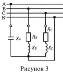 <b>Задача 7</b><br />Три группы сопротивлений, соединенных звездой с нулевым проводом, включены в трехфазную сеть переменного тока с линейным напряжением Uл. Активное сопротивление в фазах A, B и C соответственно равны Ra, Rb, Rc, реактивные Xa, Xb, Xc. Характер реактивных сопротивлений (индуктивное или емкостное) указан в схеме цепи (рис. 7.1). Угол сдвига фаз в каждой фазе равны φa, φb, φc. Линейные токи (они же фазные) в нормальном режиме равны Ia, Ib, Ic, ток в нулевом проводе в нормальном режиме I0. Фазы нагрузки потребляют активные мощности Pa, Pb, Pc и реактивные мощности Qa, Qb, Qc. <br />Начертить схему цепи для своего варианта, согласно таблице 7.1. Определить величины, отмеченные крестиками в таблице вариантов. <br /><b>Вариант 25 </b><br />Дано: рисунок 3   <br />Uл = 104 В <br />Rb = 4 Ом, Rc = 6 Ом <br />Xa = 15 Ом, Xb = 3 Ом, Xc = 8 Ом <br />Определить: φa, φb, φc, I0, Ia, Ib, Ic, Pa, Pb, Pc, Qa Qb, Qc