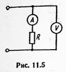Для измерения значения сопротивления резистора R собрана схема, изображенная на рис. 11.5. Показания приборов, скорректированные с помощью таблицы поправок, равны I = 0.1 A, U = 12 В. Внутреннее сопротивление амперметра R<sub>A</sub> = 0.2 Ом. <br />Определить значение сопротивления Rиз, подсчитанное по показаниям приборов; погрешность измерения.
