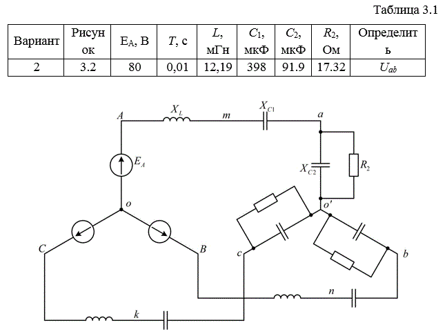 Задача. На рис. 3.1–3.20 приведены схемы трехфазных цепей. В каждой из них имеется трехфазный генератор (создающий трехфазную симметричную синусоидальную систему э. д. с.) и симметричная нагрузка. Действующее значение э. д. с. фазы генератора EA , период Т , параметры R1, R2, L, C1 и C2 приведены в табл. 3.1. Начальную фазу э. д. с. eA принять нулевой. Требуется: определить мгновенное значение напряжения между заданными точками и подсчитать активную мощность трехфазной системы.<br /> <b>Вариант 2</b>