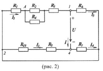К электрической цепи (рис. 2) подключен источник тока (место подключения отмечено символом I). Определить эквивалентное сопротивление схемы относительно зажимов источника питания, напряжение U, токи I1, I2, I3, I4 в ветвях резисторов, а также напряжение UA4 между узлами А и 4 <br />Решение каждой задачи должно быть проверено с помощью программы схемотехнического моделирования (следует приложить описание электрической схемы и листинг/график с результатами машинного расчета)<br /><b>Вариант 2</b> <br />R1 = 10 Ом, R2 = 10 Ом, R3 = 20 Ом, R4 = 30 Ом, R5 = 5 Ом, R6 = 40 Ом, R7 = 20 Ом, R10 = 10 Ом<br /> Iвх = 2 А