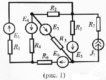 Найти все токи (рис. 1) с помощью законов Кирхгофа. <br />Решение каждой задачи должно быть проверено с помощью программы схемотехнического моделирования (следует приложить описание электрической схемы и листинг/график с результатами машинного расчета)<br /><b>Вариант 138</b><br /> E1 = 40; E2 = 20; E3 = 70; E4 = 50; E5 = 60; E6 = 30; <br />R1 = 5; R2 = 8; R3 = 15; R4 = 4; R5 = 6; R6 = 9;  <br />J7 = 2