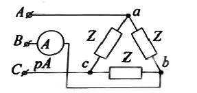 К промышленной сети 380/220 подключен симметричный приемник с параметрами  Z = 60 Ом, cosφ = 0,8. Как изменится показание амперметра при обрыве линейного провода С.