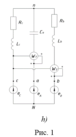 <b>Анализ линейной цепи синусоидального тока.</b>	<br />1. Построить временные графики ЭДС<br />2. Рассчитать схему методами контурных токов и межузловых потенциалов<br />3. Построить векторную диаграмму токов и топографическую диаграмму напряжений<br />4. Определить показания ваттметров<br />5. Построить временные графики напряжения и тока, относящихся к одному из ваттметров.	<br />6. Считая узлы n и N закороченными, выполнить расчет полученной схемы, определить любым способом показания ваттметров W1 и W2. Выполнить сравнительный анализ, аналогичный п.4.<br />7. Полагая, что в цепь из п.6 включены три ваттметра (рис.), определить любым способом показания и произвести анализ, аналогичный п.4.<br />8. Построить векторную диаграмму токов и топографическую диаграмму напряжений для схемы <br />9. Вычислить указанную в последней колонке таблицы электрическую величину для схемы рис.1 методом эквивалентного генератора<br />Параметры ЭДС: Em = 100 В, f = 100 Гц, Ψ = -60°. <br /> Параметры элементов схемы Lb = 47,75мГн, Lс = 79,58мГн,  Са = 39,79мкФ, Rb = 5 Ом, Rc = 20 Ом.