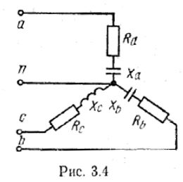 <b>Задача 4.</b> Для электрической цепи, схема которой изображена на рис.3.1 -3.17 по заданным в таблице 3 параметрам и линейному напряжению определить фазные и линейные токи, ток в нейтральном проводе (для четырехпроводной схемы), активную мощность всей цепи и каждой фазы отдельно. Построить векторную диаграмму напряжений и токов на комплексной плоскости <br /><b>Вариант 9</b> <br />Дано: Рис. 3.4   <br />Uл = 127 В <br />Ra = 16.8 Ом, Rb = 8 Ом, Rc = 8 Ом <br />Xa = 14.2 Ом, Xb = 6 Ом, Xc = 4 Ом