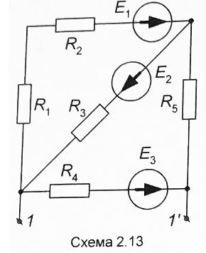 Для заданной в соответствии с номером варианта схемы сложной электрической цепи с несколькими источниками постоянного напряжения и известным из таблицы 2 параметрами элементов цепи:  <br />- рассчитать токи всех ветвей и напряжения на всех резисторах, составив и решив уравнения Кирхгофа, <br /> - проверить правильность полученных результатов по выполнению баланса мощности, <br /> - начертить схему замещения двухполюсника относительно выделенных зажимов 1-1’ и вычислить ее параметры,  <br />- определить сопротивление нагрузки Rн, при подключении которой к двухполюснику в ней выделиться максимальная мощность Pнmax,  <br />- рассчитать Pнmax. <br /><b>Вариант 13</b> <br />Дано: Схема 2.13 <br />E1, E2=0 <br />R1 = 0 Ом, R2 = 10 Ом, R3 = 5 Ом, R4 = 6 Ом, R5 = 12 Ом <br />Е1 = 80 В, Е2 = 40 В, Е3 = 70