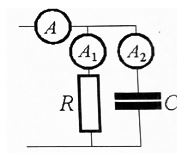Показания идеальных амперметров А и А<sub>2</sub> равны соответственно 5 А и 4 А. Чему равен сдвиг фазы между током и напряжением на входе двухполюсника?