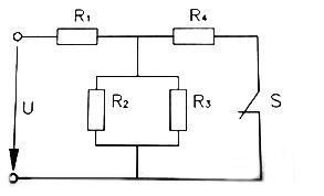 Для электрической цепи постоянного тока со смешанным соединением резисторов определить эквивалентное сопротивление цепи, токи и напряжением на всех резисторах. Выполнить проверку решения, используя баланс мощностей. Исходные данные: R<sub>1</sub> = 10 Ом, R<sub>2</sub> = 20 Ом, R<sub>3</sub> = 30 Ом, R<sub>4</sub> = 12 Ом, U = 160 B. Как изменится ток и эквивалентное сопротивление цепи, если разомкнуть ключ?