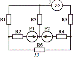 1.	Рассчитать сложную электрическую цепь по законам Кирхгофа <br />2.	Рассчитать токи сложной электрической цепи методом контурных токов <br />3.	Рассчитать ток в одной из ветвей схемы методом эквивалентного генератора (I1 (где R1)) <br />4.	Проверить соблюдение I и II законов Кирхгофа для всех контуров и узлов схемы <br />5.	Проверить соблюдение баланса мощности <br />Исходные данные: <br />Е1 = 12 В, Е2 = 5 В, J = 0,2 А; <br />R1 = R4 = 20 [Ом] <br />R2 = R5 = 30 [Ом] <br />R3 = R6 = 120 [Ом] <br />Схема, данная для варианта 13: 
