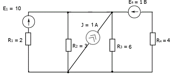 1.	Методом эквивалентного источника ЭДС найти ток нагрузки. Нагрузкой является резистор Rн. <br />2.	Вычислить потребляемую нагрузкой мощность. Вычислить максимальную мощность, которая достигается в согласованном режиме. Построить график зависимости мощности от сопротивления P(Rн)