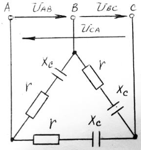 Определить фазные и линейные токи, если при перегораии главной вставки предохранителя произошел обрыв линейного провода А. Сопротивление каждой фазы r = 8 Ом, Xc = 6 Ом. Напряжение Uab = Ubc = Uca = 220 В (при нормальном симметричном режиме). Как распределяются напряжения на фазах при обрыве? 