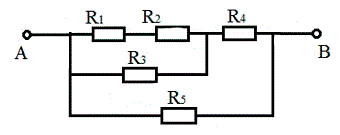 <b>Расчет смешанного соединения резисторов</b> <br />Для цепи постоянного тока со смешанным соединением резисторов начертить схему цепи и определить: Эквивалентное сопротивление цепи относительно выводов АВ; Токи, проходящие через каждый резистор; Решние проверить, составив баланс мощностей в цепи.   <br />Дано: R1 = 3 Ом, R2 = 5 Ом, R3 = 10 Ом, R4 = 6 Ом, R5 = 4 Ом <br />I1 = 5 А <br />Определить: Rобщ, UAB, все токи.