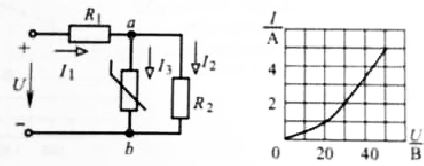 Ток в резисторе I2 = 1 A. Определить напряжение U на входе цепи, если R1 = 20 Ом, R2 = 40 Ом. ВАХ нелинейного элемента дана на диаграмме.