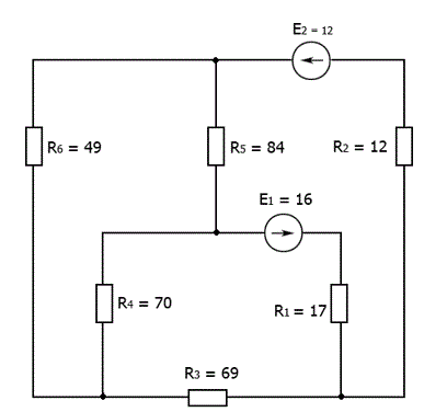1)	Определить токи в ветвях с помощью уравнений составленных по законам Кирхгофа<br /> 2)	Составить уравнение баланса мощностей <br />3)	Определить ток I1 в ветви с сопротивлением R1 по методу эквивалентного генератора и построить график зависимости I1=f(R) при изменении R<R1<10R
