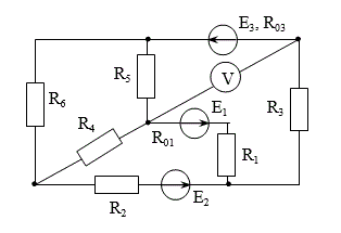 1.	Составить систему уравнений, необходимых для определения токов по первому и второму правилам Кирхгофа. <br />2.	Найти и вычислить все токи, пользуясь методом контурных токов <br />3.	Составить баланс мощностей. <br /><b>Вариант 19</b> <br />Дано: Е1 = 12 В, Е2 = 30 В, Е3 = 9 В <br />r01 = 0.5 Ом, r03 = 0.5 Ом <br />R1 = 3.5 Ом, R2 = 2 Ом, R3 = 3 Ом, R4 = 3 Ом, R5 = 1 Ом, R6 = 3 Ом