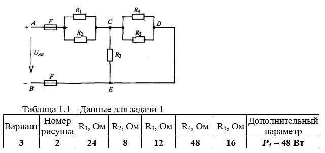 Для цепи постоянного тока со смешанным соединением резисторов, изображенной на рисунках 1и 2, определить: <br />1)	 эквивалентное сопротивление цепи Rэкв; <br />2)	 токи, напряжения и мощности на всех участках схемы; <br />3)	 расход электроэнергии в цепи за время t = 8 ч. <br />Проверить решение задачи, составив баланс мощностей.  <br />Данные для своего варианта взять из таблицы 1.1.<br /><b> Вариант 3</b>