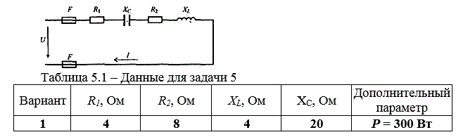 Неразветвленная цепь переменного тока, изображенная на рисунке, содержит активные, индуктивное и емкостное сопротивления, величины которых, а также один дополнительный параметр заданы в таблице 5.1 <br />Определить следующие величины, если они не заданы в таблице 5.1: <br />1)	 полное сопротивление цепи Z; <br />2)	 угол сдвига фаз φ (по величине и знаку); <br />3)	 напряжение U, приложенное к цепи; <br />4)	 силу тока I; <br />5)	 активную Р, реактивную Q и полную S мощности, потребляемые цепью.  <br />Начертить в масштабе векторную диаграмму цепи и пояснить ее построение.  <br />Начертить в масштабе треугольники сопротивлений и мощностей.  <br />Пояснить, как нужно изменить реактивное сопротивление, чтобы в цепи возник резонанс напряжений, и чему будет равен ток в цепи при резонансе. <br /> <b>Вариант 1</b>
