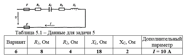 Неразветвленная цепь переменного тока, изображенная на рисунке, содержит активные, индуктивное и емкостное сопротивления, величины которых, а также один дополнительный параметр заданы в таблице 5.1 <br />Определить следующие величины, если они не заданы в таблице 5.1: <br />1)	 полное сопротивление цепи Z; <br />2)	 угол сдвига фаз φ (по величине и знаку); <br />3)	 напряжение U, приложенное к цепи; <br />4)	 силу тока I; <br />5)	 активную Р, реактивную Q и полную S мощности, потребляемые цепью.  <br />Начертить в масштабе векторную диаграмму цепи и пояснить ее построение.  <br />Начертить в масштабе треугольники сопротивлений и мощностей.  <br />Пояснить, как нужно изменить реактивное сопротивление, чтобы в цепи возник резонанс напряжений, и чему будет равен ток в цепи при резонансе. <br /> <b>Вариант 6</b>