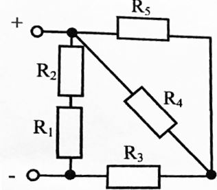 Напряжение, приложенное к цепи, U = 50 В. Резисторы в цепи имеют сопротивление R1 = 2 Ом, R2 = 8 Ом, R3 = 9 Ом, R4 = 22 Ом, R5 = 14 Ом. <br />Определить: <br />Эквивалентное сопротивление цепи, величину тока всей цепи и на каждом резисторе. Указать направления токов в резисторах. Проверить баланс мощностей.