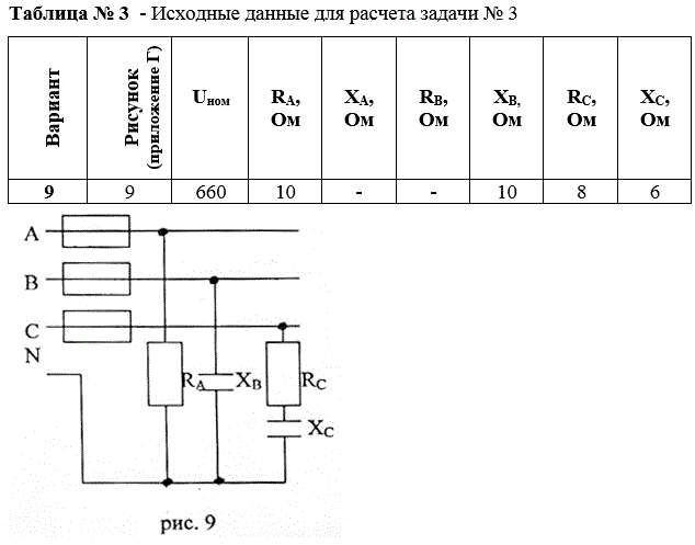 Задание № 3     Расчет трехфазной цепи переменного тока<br /> <b>Вариант 9</b>