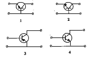 Какая из приведенных схем соответствует биполярному транзистору типа p-n-p, включенному по схеме ОЭ? <br />Варианты ответа:1, 2, 3, 4.