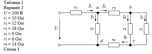 <b>Расчет разветвленной линейной электрической цепи постоянного тока с одним источником электрической энергии</b><br />   Для электрической цепи, изображенной на рис.1, определить токи, а также мощность, развиваемую источником энергии. Значения сопротивлений резисторов и напряжения на зажимах цепи приведены в табл.1. <br /> <b>Вариант 2 Схема 1</b>
