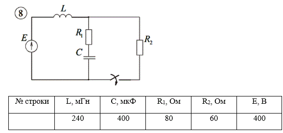 1. Рассчитать переходный процесс классическим методом, определив законы изменения всех токов, а также напряжения на конденсаторе. Вычислить и построить графики зависимости напряжения на конденсаторе и тока через индуктивность.  <br />2. Рассчитать операторным методом либо закон изменения напряжения на конденсаторе, либо тока через индуктивность.  <br />Сравнить результаты <br /><b>Схема № 8</b>