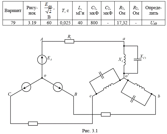 Задача. На рис.3.1 приведена схема трехфазной цепи. В ней имеется трехфазный генератор (создающий трехфазную симметрическую синусои-дальную систему э.д.с.) и симметричная нагрузка. Значения амплитуды э.д.с. фазы генератора ЕAm, периода Т, параметров R1, R2, L, C1 и С2 при-ведены  в  табл. 3.1. Начальную фазу  э.д.с. eA принять нулевой. Требуется: определить мгновенное значение напряжения между заданными точками и подсчитать активную мощность трехфазной системы.<br /><b> Вариант 79</b>