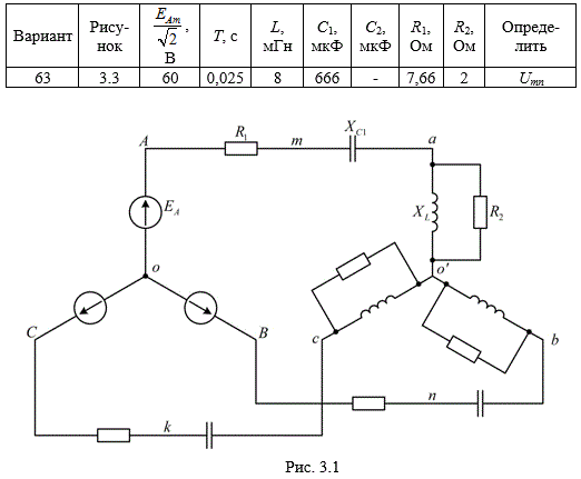 Задача. На рис.3.1 приведена схема трехфазной цепи. В ней имеется трехфазный генератор (создающий трехфазную симметрическую синусои-дальную систему э.д.с.) и симметричная нагрузка. Значения амплитуды э.д.с. фазы генератора ЕAm, периода Т, параметров R1, R2, L, C1 и С2 при-ведены  в  табл. 3.1. Начальную фазу  э.д.с. eA принять нулевой. Требуется: определить мгновенное значение напряжения между заданными точками и подсчитать активную мощность трехфазной системы.<br /><b> Вариант 63</b>