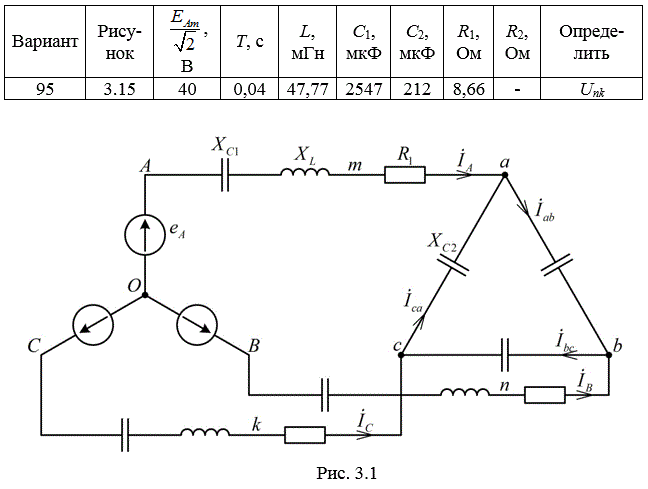 Задача. На рис.3.1 приведена схема трехфазной цепи. В ней имеется трехфазный генератор (создающий трехфазную симметрическую синусои-дальную систему э.д.с.) и симметричная нагрузка. Значения амплитуды э.д.с. фазы генератора ЕAm, периода Т, параметров R1, R2, L, C1 и С2 при-ведены  в  табл. 3.1. Начальную фазу  э.д.с. eA принять нулевой. Требуется: определить мгновенное значение напряжения между заданными точками и подсчитать активную мощность трехфазной системы.<br /><b> Вариант 95</b>