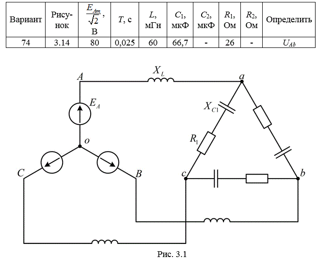 Задача. На рис.3.1 приведена схема трехфазной цепи. В ней имеется трехфазный генератор (создающий трехфазную симметрическую синусои-дальную систему э.д.с.) и симметричная нагрузка. Значения амплитуды э.д.с. фазы генератора ЕAm, периода Т, параметров R1, R2, L, C1 и С2 при-ведены  в  табл. 3.1. Начальную фазу  э.д.с. eA принять нулевой. Требуется: определить мгновенное значение напряжения между заданными точками и подсчитать активную мощность трехфазной системы.<br /><b> Вариант 74</b>