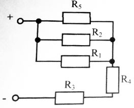 Напряжение, приложенное к цепи, U = 95 В. Резисторы в цепи имеют сопротивление R1 = 30 Ом, R2 = 20 Ом, R3 = 4 Ом, R4 = 6 Ом, R5 = 40 Ом. <br />Определить: <br />Эквивалентное сопротивление цепи, величину тока всей цепи и на каждом резисторе. Указать направления токов в резисторах. Проверить баланс мощностей.