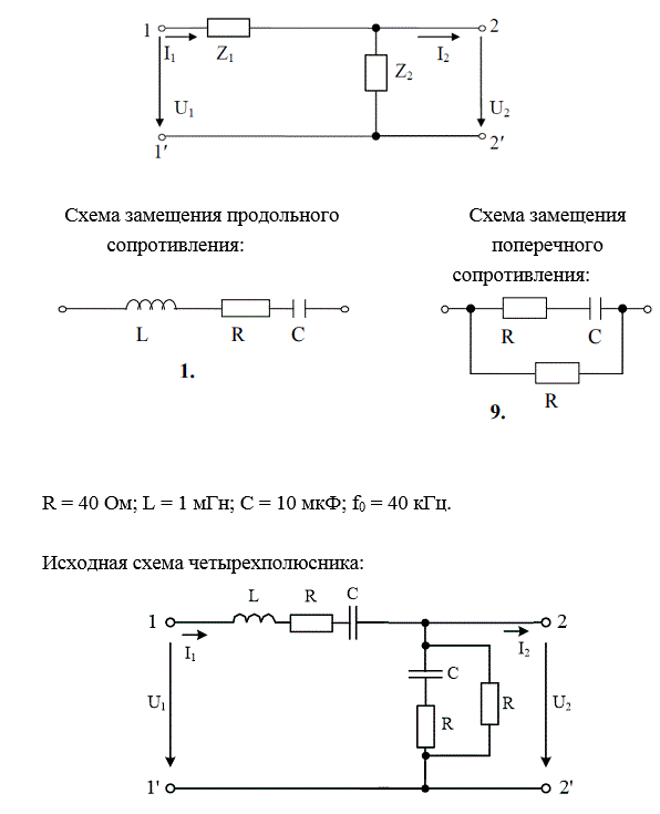 На рис. 5.1 представлена Г-образная эквивалентная схема четырёхполюсника (ЧП), где Z1 – продольное сопротивление, Z2 – поперечное сопротивление.  <br /> 1) начертить исходную схему ЧП; <br />2) свести полученную схему ЧП к Г-образной эквивалентной схеме ЧП, заменив трёхэлементные схемы замещения продольного и поперечного сопротивлений двухэлементными схемами: Z1 = R1 +jX1,   Z2 = R2 +jX2. Дальнейший расчёт вести для эквивалентной схемы; <br />3) определить коэффициенты А – формы записи уравнений ЧП: <br />а) записывая уравнения по законам Кирхгофа; <br />б) используя режимы холостого хода и короткого замыкания; <br />4) определить сопротивления холостого хода и короткого замыкания со стороны первичных (11’) и вторичных выводов (22’): <br />а) через А – параметры;  <br />б) непосредственно через продольное и поперечное сопротивления для режимов холостого хода и короткого замыкания на соответствующих выводах; <br />5) определить характеристические сопротивления для выводов 11’ и 22’ и постоянную передачи ЧП; <br />6) определить комплексный коэффициент передачи по напряжению и передаточную функцию ЧП;<br />7) определить индуктивность и емкость элементов X1, X2 эквивалентной схемы ЧП при f = f0, после чего построить амплитудно-частотную и фазочастотную характеристики ЧП, если частота входного сигнала меняется от f = 0 до f = f0. Построение вести с шагом 0,1∙f0<br /> <b>Вариант 319</b><br />R = 40 Ом; L = 1 мГн; С = 10 мкФ; f0 = 40 кГц.