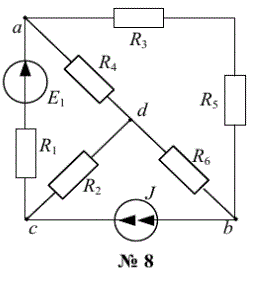<b>Задание №1. Расчет разветвленной цепи постоянного тока </b> <br />1. Составить систему уравнений для определения токов в ветвях методом законов Кирхгофа.  <br />2. Преобразовать схему до двух контуров. Рассчитать токи во всех ветвях схемы: методом контурных токов; методом межузлового напряжения.  <br />3. Составить баланс мощностей.  <br />4. Определить показание вольтметра в любой ветви.  <br />5. Построить потенциальную диаграмму. <br /><b>Вариант 8</b><br />   Дано: Е1 = 20 В, J = 9 A <br />R1 = 3 Ом, R2 = 1 Ом, R3 = 2 Ом, R4 = 8 Ом, R5 = 10 Ом, R6 = 4 Ом