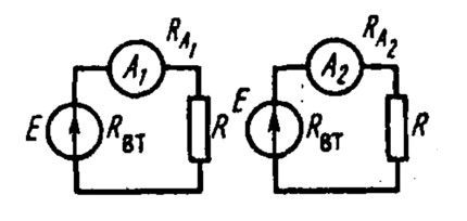 Вариант 10. Задание5. В одинаковых схемах включены различные амперметры, причем R<sub>A</sub><sub>1</sub>>R<sub>A</sub><sub>2</sub>. <br />Какой амперметр сильнее влияет на режим работы цепи? <br /> а) Второй; <br /> б) Первый; <br /> в) Оба амперметра одинаково влияют на режим работы цепи.