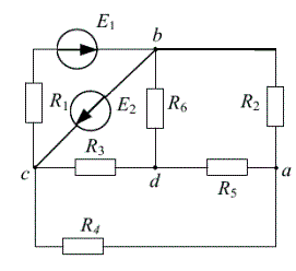 <b>Расчет разветвленной цепи постоянного тока </b><br />1.	Составить систему уравнений для определения токов в ветвях методом законов Кирхгофа. <br />2.	Рассчитать токи во всех ветвях схемы: <br />a.	Методом контурных токов; <br />b.	Методом межузлового напряжения <br />Дано: <b>Схема 12, данные 18</b> <br />E1 = 20 В, E2 = 80 В <br />R1 = 6 Ом, R2 = 9 Ом, R3 = 10 Ом, R4 = 5 Ом, R5 = 7 Ом, R6 = 8 Ом