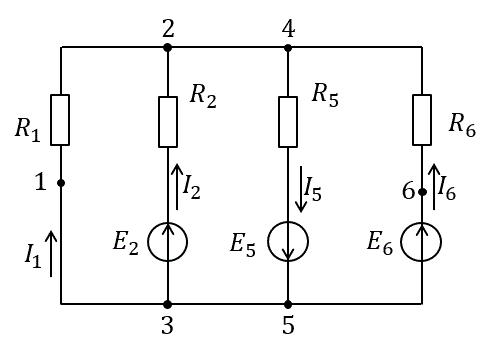 Расчет электрической цепи методам суперпозиции.<br />Определить: <br />-	токи в ветвях: I1, I2, I5, I6;<br />-	падение напряжения на каждом резисторе: U1, U2, U5, U6;<br />-	мощности потребляемые элементами схемы: P1, P2, P5, P6; <br />-	режимы работы источников; баланс мощностей пассивных PП и активных PА элементов схемы. <br /><b>Вариант 15</b><br />Исходные данные <br />Значения ЭДС источников: Е2=30 В; Е5=60 В, Е6=10 В  <br />Значения сопротивлений резисторов: R1=4 Ом; R2=6 Ом; R5=6 Ом; R6=4 Ом 
