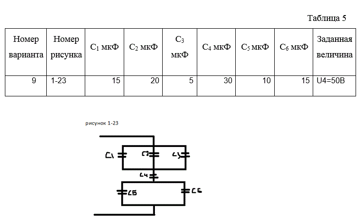 Определить общую емкость цепи, напряжение на каждом конденсаторе, напряжение приложенное к цепи и энергию электрического поля каждого конденсатора. Данные для своего варианта взять из табл. 5<br /> <b>Вариант 9</b>