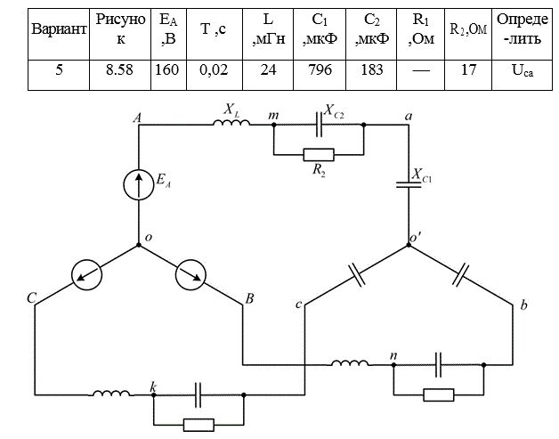 Задана схема трехфазной цепи. Она содержит трехфазный генератор (создающий трехфазную симметричную синусоидальную систему ЭДС) и симметричную нагрузку. Известны действующее значение ЭДС фазы генератора EA, период T, параметры R1, R2,L, C1 и C2 для заданной  схемы. Начальную фазу ЭДС eA принять нулевой. Требуется: определить мгновенное значение напряжения между заданными точками и подсчитать активную мощность трехфазной системы.  <br />Указания: <br />1. Сопротивления обмоток генератора полагать равными нулю. <br />2. Для вариантов, в которых нагрузка соединена треугольником, рекомендуется при расчете преобразовать ее в соединение звездой. <br />3. При расчете символическим методом рекомендуется оперировать с комплексами действующих значений (не с комплексными амплитудами).<br /> <b>Вариант 05</b>