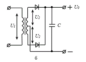 Рассчитать однофазный выпрямитель, работающий на емкостную нагрузку. <br />В результате расчета должны быть определены: тип диода, обратное напряжение Uобр, среднее Iср и амплитудное Im значения тока через диод, напряжение на вторичной обмотке трансформатора U2, токи обмоток I1, I2 и емкость конденсатора С. Приведена схема выпрямителя.<br />  Для всех вариантов напряжение питающей сети U1 = 220 В, частота f = 50 Гц. <br /> <b>Вариант 7</b><br />Дано: схема «б» (двухполупериодная с выводом от средней точки) <br />U0 = 18 В, I0 = 1 A, Кп = 0.1