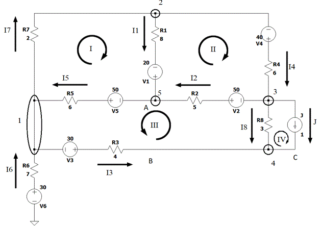 1.	Написать по законам Кирхгофа систему уравнений для определения неизвестных токов и напряжений в ветвях схемы. <br />2.	Определить неизвестные токи и напряжения в ветвях схемы, решив полученную систему уравнений <br />3.	Составить баланс мощностей для исходной схемы. <br />4.	Определить напряжение, измеряемое вольтметрами <br />5.	Рассчитать режим схемы с помощью программы SPICE <br /><b>Вариант 18 </b>  <br />Дано: <br />R1 = 8 Ом, R2 = 5 Ом, R3 = 4 Ом, R4 = 6 Ом, R5 = 6 Ом, R6 = 7 Ом, R7 = 2 Ом, R8 = 3 Ом <br />Е1 = 20 В, Е2 = 50 В, Е3 = 30 В, Е4 = 40 В, Е5 = 50 В, Е6 = 30 В <br />J = 1 А