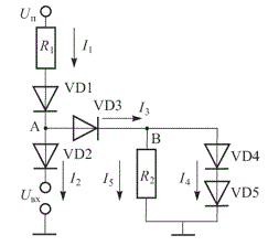 <b>Задача 1.2.8. </b>Определить токи I1, I2,I3, I4, I5 в схеме, изображенной на рисунке. Диоды VD1-VD5 одинаковые, падение напряжения на открытом диоде равно 0,8 В и не зависит от тока через диод. Uп = 5 В; R1 = 1 кОм; R2 = 0,2 кОм; U<sub>BX</sub> = 0,2 В.