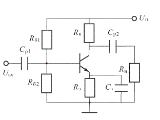 <b>Задача 2.1.7. </b>Резистивный усилитель собран на транзисторе КТ3176 А9 по схеме<br />   Рассчитать сопротивления R_б1 и R_б2 , обеспечивающие точку покоя с параметрами Iбп=2 мА; Uкэп=2,8 В. Известно, что ток через сопротивление через Rб1 в режиме покоя в 10 раз больше тока Iбп, Uп=5 В , а Rэ=0.  